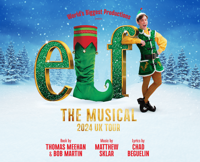 Against a snowy background stand large green 3D letters spelling out the word elf. The L has been replaced by a large green Christmas boot with a curly toe. Leaning against the F is a tall smiling elf wearing a green waistcoat and yellow shirt. The text below reads Elf the Musical 2024 UK Tour.