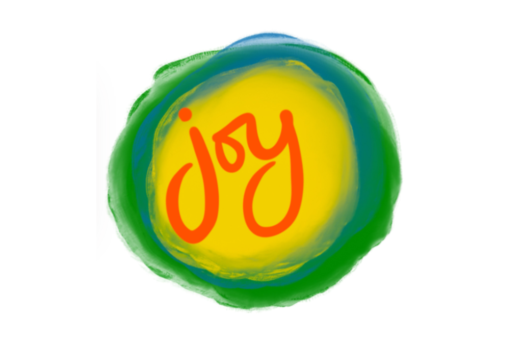 A scrappily painted yellow circle with a blue and green outline. The word joy in curly handwritten font painted in orange at its centre.
